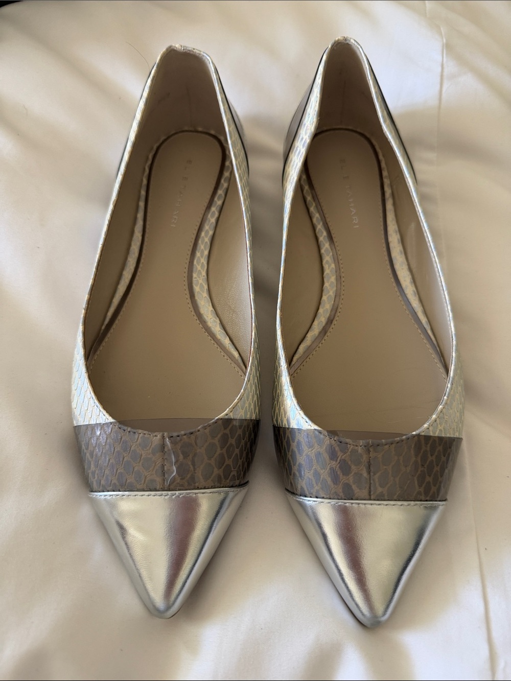 Elie Tahari Silver Pointed Flats with Snake-Print Band